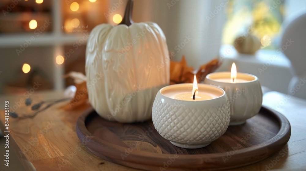 Autumn home decor with white pumpkins and burning aroma candles with sweet spicy pumpkin pie scent. Autumn home decor with white pumpkins and burning aroma candles with sweet spicy pumpkin pie scent.