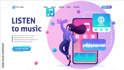 Young teenage girl listening to music and dancing, music lover. Flat 2D character. Landing page concepts and web design