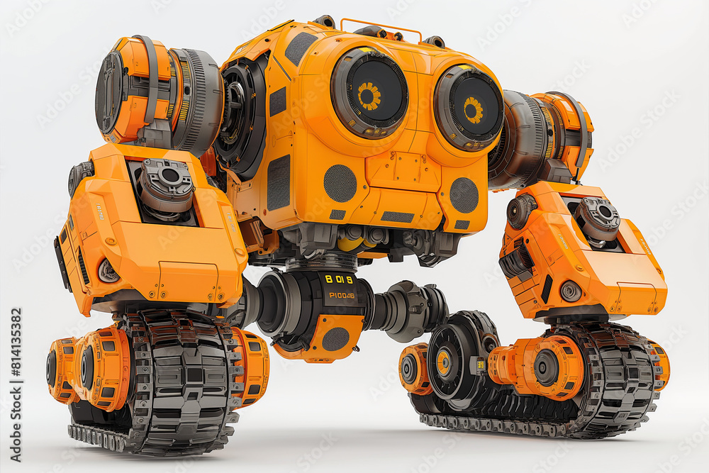 A robot with orange and black parts is standing on a white background A robot with orange and black parts is standing on a white background