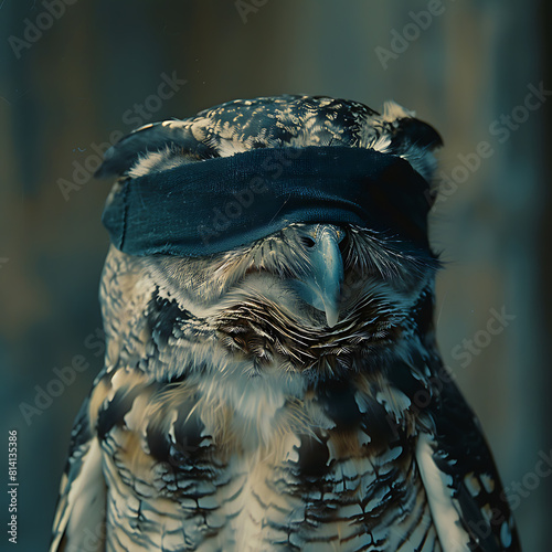 Predatory bird,  owl in a black blindfold, an unusual illustration of a predatory animal	 photo