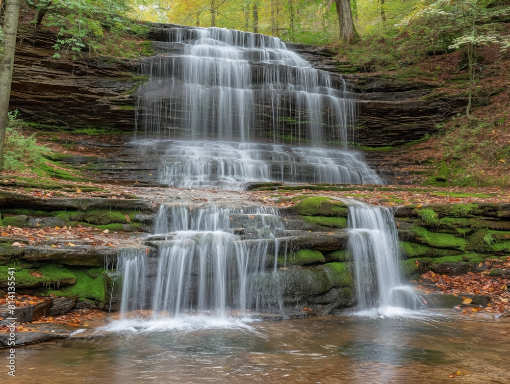 A waterfall with a mossy rock wall. The water is flowing down the rocks and the moss is growing on the rocks. The scene is peaceful and serene A waterfall with a mossy rock wall. The water is flowing down the rocks and the moss is growing on the rocks. The scene is peaceful and serene