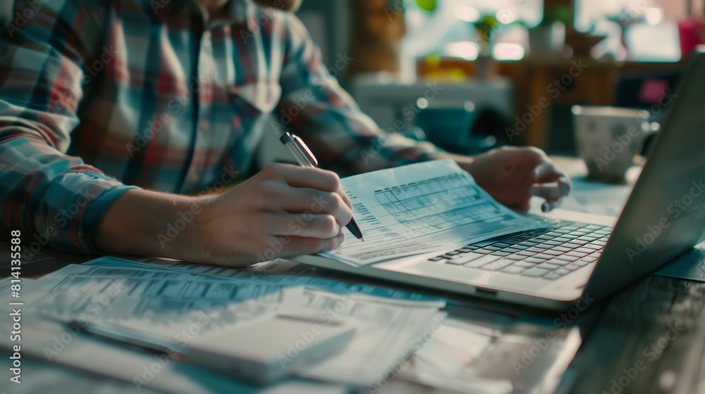Tax concept. Person filling personal income tax return to pay taxes online Tax concept. Person filling personal income tax return to pay taxes online