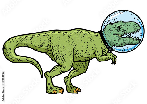 Astronaut cartoon Tyrannosaurus dinosaur animal in glass helmet color sketch engraving PNG illustration. T-shirt apparel print design. Scratch board imitation. Black and white hand drawn image.