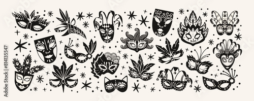 Set of carnival Venetian masks pattern. Cartoon masquerade masks for party, parade, festival with feathers, decorations in 90s hippie groovy style © Limpreom