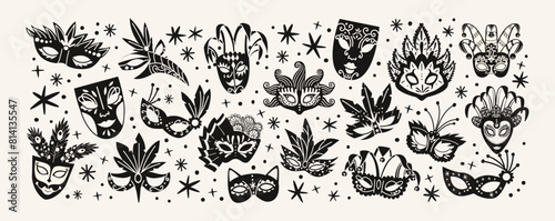 Set of carnival Venetian masks pattern. Cartoon masquerade masks for party, parade, festival with feathers, decorations in 90s hippie groovy style