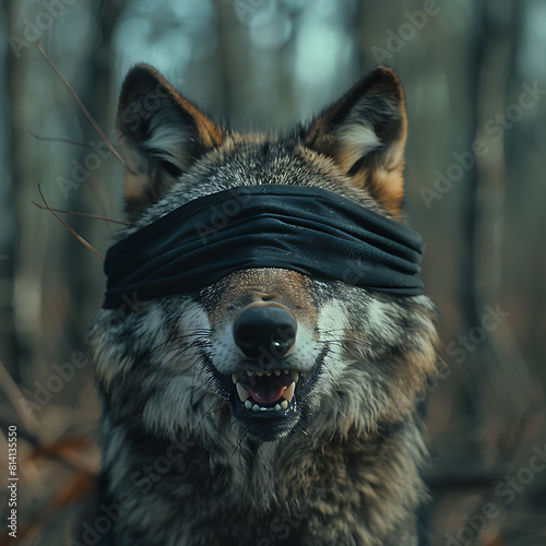 An angry predatory wolf in a black blindfold bares its large fangs, an unusual illustration of a predatory animal