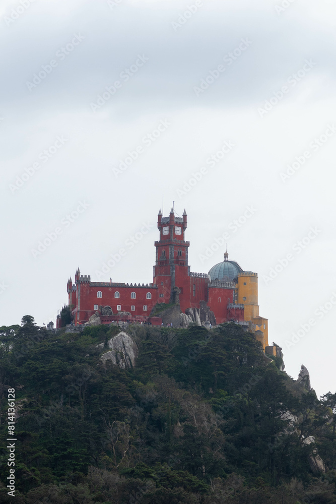 View of the Colorful Sintra Castle from the Moorish Castle in Sintra Portugal