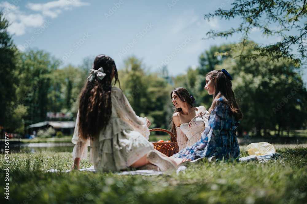 Three women, likely sisters, sharing a joyful moment during a picnic in a sunlit park, surrounded by natural beauty and warmth.