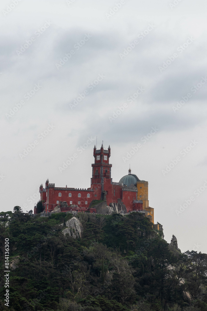 View of the Colorful Sintra Castle from the Moorish Castle in Sintra Portugal