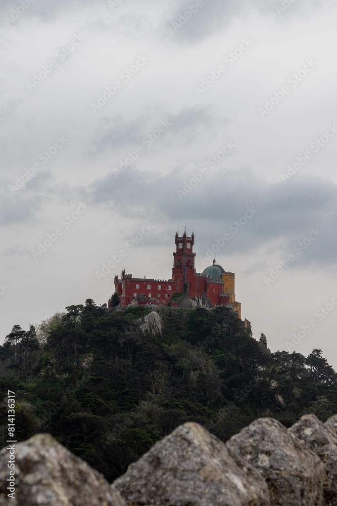 Obraz premium View of the Colorful Sintra Castle from the Moorish Castle in Sintra Portugal