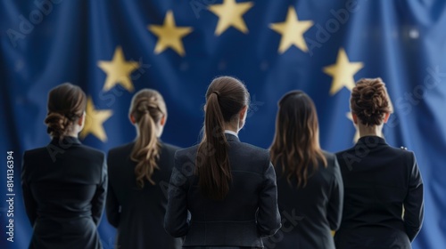 women politicians of the european union with their backs to the flag of the european union in the background. photo