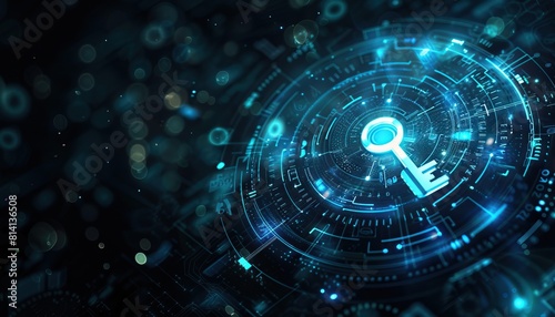 Glowing blue circle key icon over technology background.