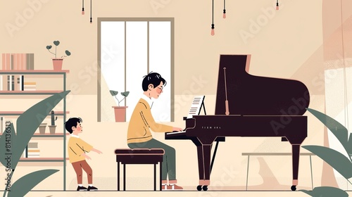 Father and son playing piano together at home. photo