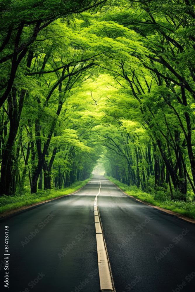Fototapeta premium A long road towards the horizon through a green forest