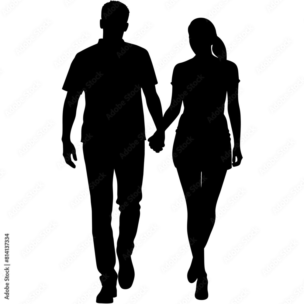 Couple of young guy and girl are walking with keep hand on other person modern pose vector silhouette Couple of young guy and girl are walking with keep hand on other person modern pose vector silhouette