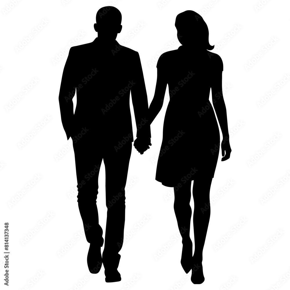 Couple of young guy and girl are walking with keep hand on other person modern pose vector silhouette Couple of young guy and girl are walking with keep hand on other person modern pose vector silhouette
