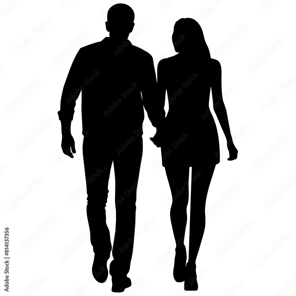 Couple of young guy and girl are walking with keep hand on other person modern pose vector silhouette Couple of young guy and girl are walking with keep hand on other person modern pose vector silhouette