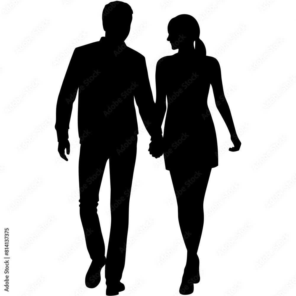 Couple of young guy and girl are walking with keep hand on other person modern pose vector silhouette Couple of young guy and girl are walking with keep hand on other person modern pose vector silhouette