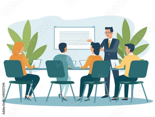 A group of people are sitting in a conference room with a man standing in front of a white board. The man is giving a presentation and the people are listening. Scene is professional and focused © MaxK