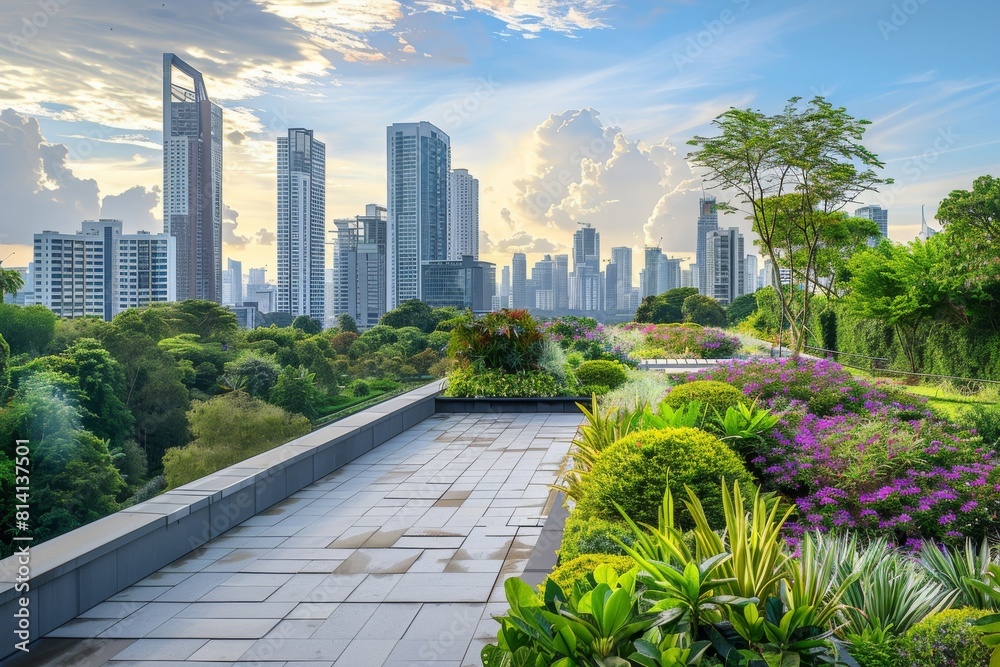 Fototapeta premium Bird's eye view of urban landscape from tower with verdant rooftop oasis