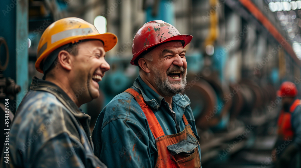 happy workers at factory wearing helmet happy workers at factory wearing helmet