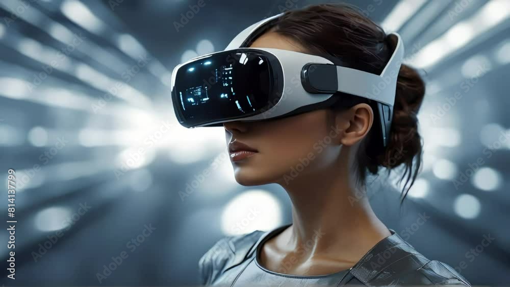 A cyberpunk girl in a VR headset, in glasses of virtual reality, surrounded by virtual landscapes. A cyberpunk girl in a VR headset, in glasses of virtual reality, surrounded by virtual landscapes.