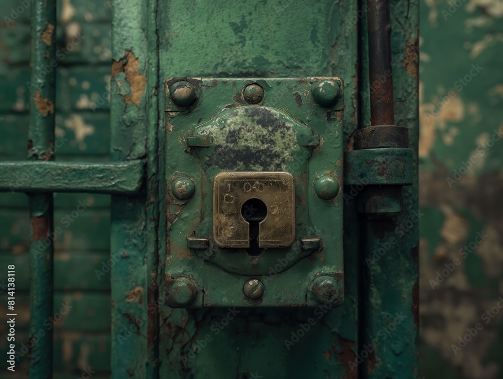 A green lock with a keyhole on it. The lock is rusted and old. The door is made of metal and has a green lock A green lock with a keyhole on it. The lock is rusted and old. The door is made of metal and has a green lock