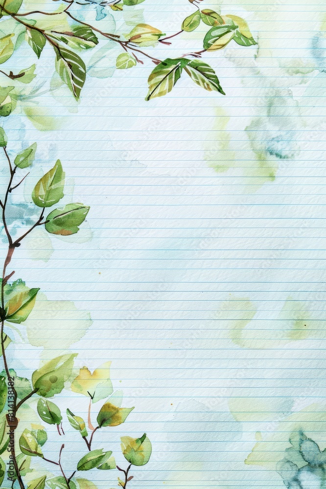 Watercolor floral background. Hand drawn watercolor illustration with green leaves and branches.