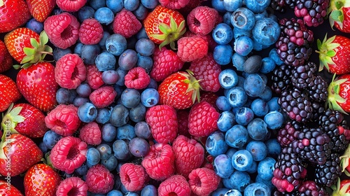   A mixed pile of blueberries  raspberries  and strawberries on a white surface next to each other