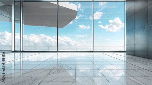 An abstract depiction of a business interior featuring expansive windows that frame a view of the sky  blending modern design with natural elements