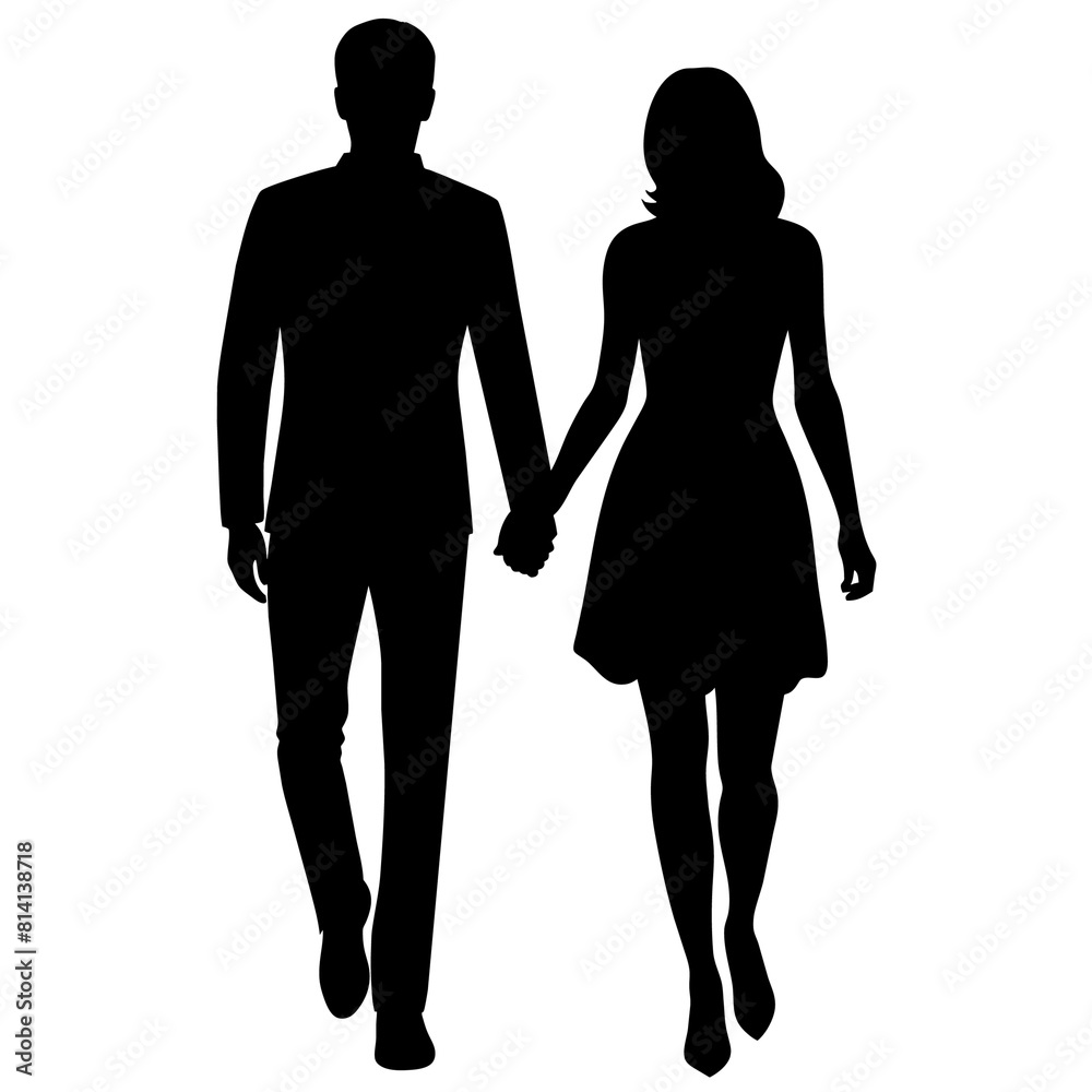 Couple of young guy and girl are walking with keep hand on other person modern pose vector silhouette Couple of young guy and girl are walking with keep hand on other person modern pose vector silhouette