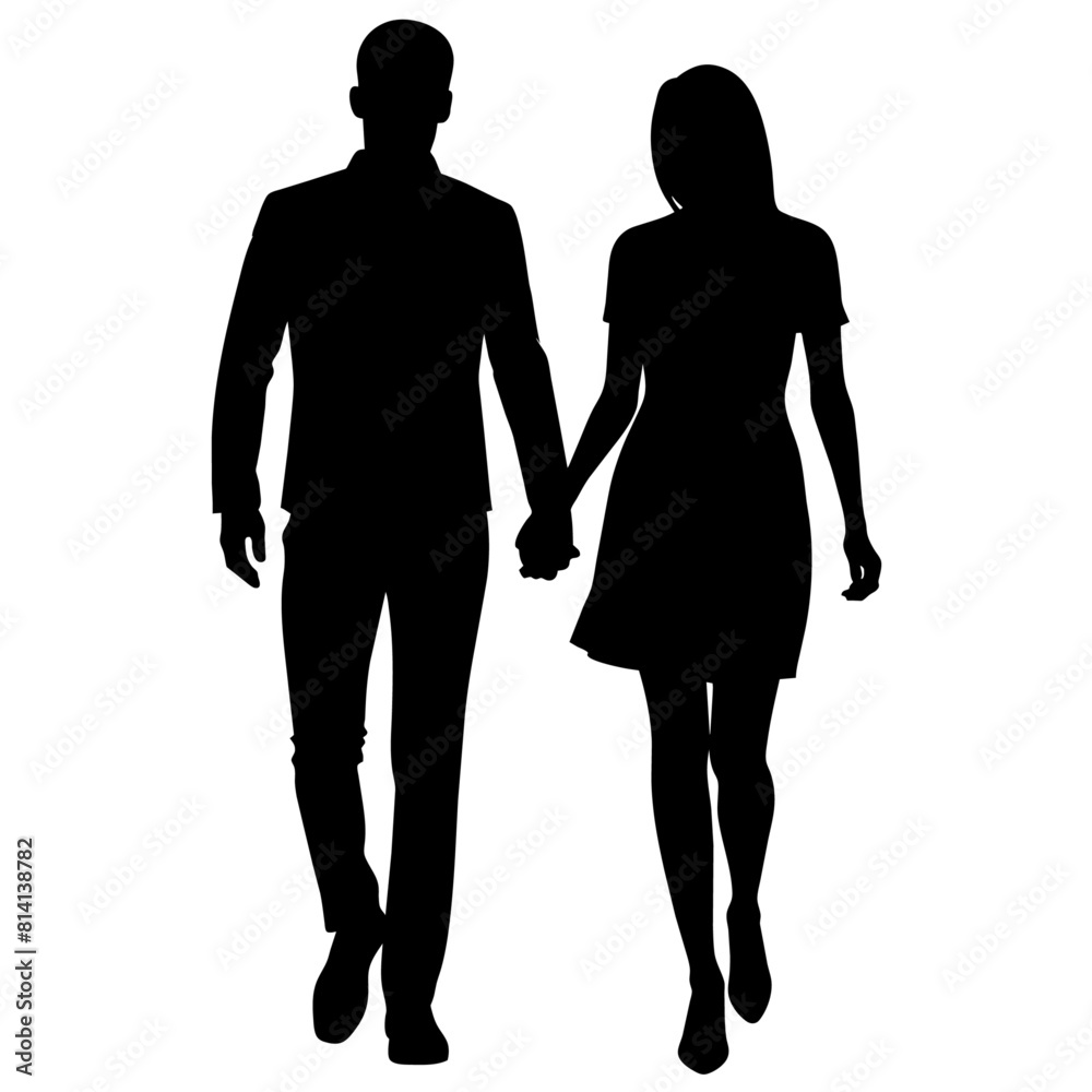 Couple of young guy and girl are walking with keep hand on other person modern pose vector silhouette Couple of young guy and girl are walking with keep hand on other person modern pose vector silhouette