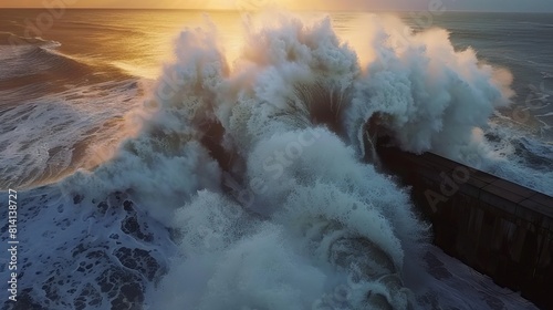 A dramatic scene of a large wave crashing against a breakwater, showcasing the powerful force of nature.

 photo