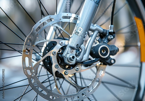 Close-up of grey metal brake disc and pads, integral part of road bike's braking system. © Nicat