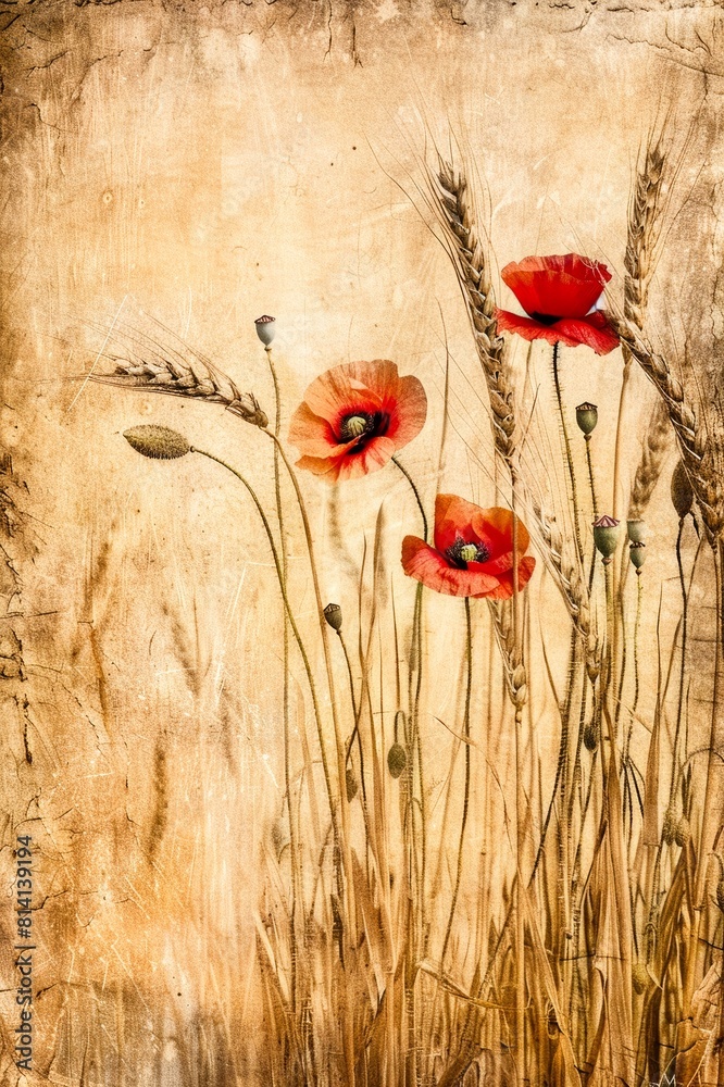 Fototapeta premium Grunge background with poppies and wheat. 
