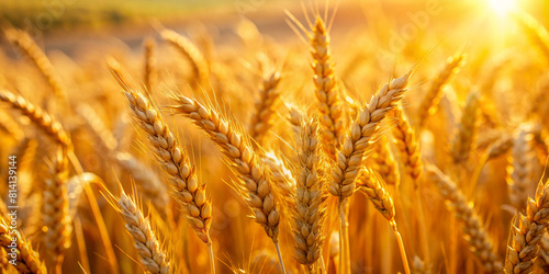 Closeup of Ripe Golden Wheat Ears in Sunlight