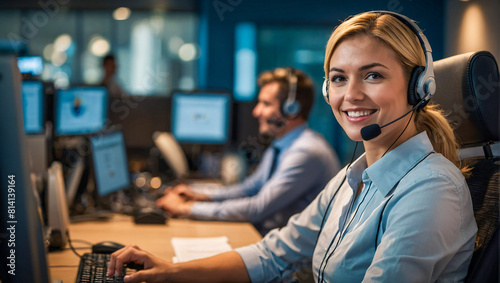 Portrait of a smiling Friendly and helpful customer service representative wearing a headset