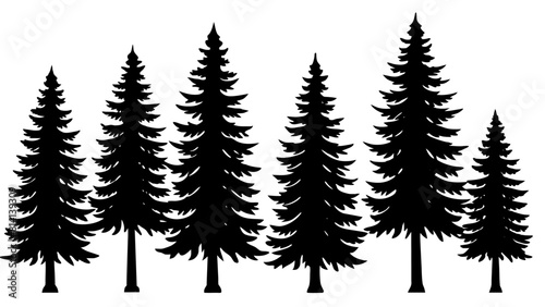 different type of Vintage forest pine trees with ground soil silhouette