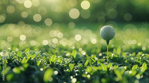 A close-up of a golf ball set on a tee, with a softly blurred green bokeh background photo