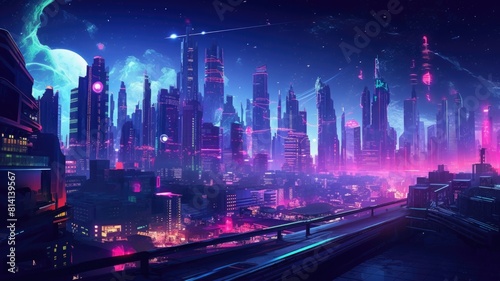 The picture of the neon night time futuristic cyberpunk scifi metropolis yet bright with neon light that fill everywhere of metropolis and fill with tall building and long roadway at night. AIGX01.