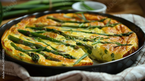 Healthy Asparagus Omelet. Egg omelet with asparagus and onions. photo