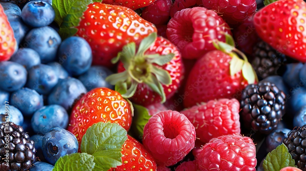 A stack of berries and raspberries surrounded by green foliage and blueberries in the backdrop A stack of berries and raspberries surrounded by green foliage and blueberries in the backdrop