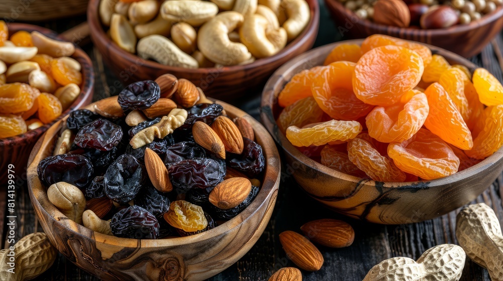 An assortment of dried fruits and nuts including cashews, hazelnuts, peanuts, dried apricots, viburnum berries, and raisins, perfect for a nutritious snack An assortment of dried fruits and nuts including cashews, hazelnuts, peanuts, dried apricots, viburnum berries, and raisins, perfect for a nutritious snack