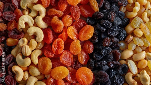 An assortment of dried fruits and nuts including cashews, hazelnuts, peanuts, dried apricots, viburnum berries, and raisins, perfect for a nutritious snack