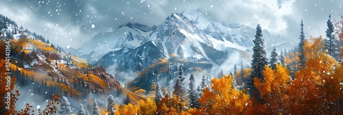 A dramatic Humphrey's peak scene with colorful yellow aspens on the slopes and snow falling on the mountain peak realistic nature and landscape photo