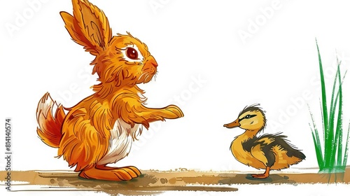  Rabbit & Duckling drawing with grass in foreground, 2 ducklings on ground