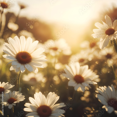 fiori di camomilla in prato nel controluce del sole al tramonto stile fotografico photo