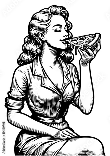 vintage-styled woman eats cheesy slice of pizza sketch engraving generative ai fictional character PNG illustration. Scratch board imitation. Black and white image.