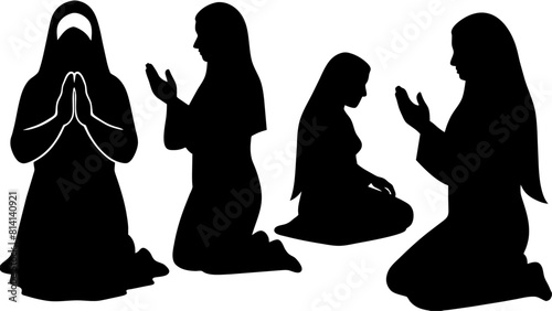 Muslim woman praying silhouette set black silhouette