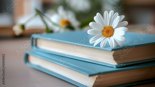 A neatly stacked pile of books with blue covers, topped with a single daisy flower, set against a light, airy background